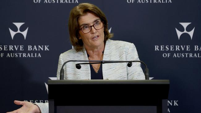 Michele Bullock at a press conference on Tuesday. Picture: NCA NewsWire / Dylan Coker