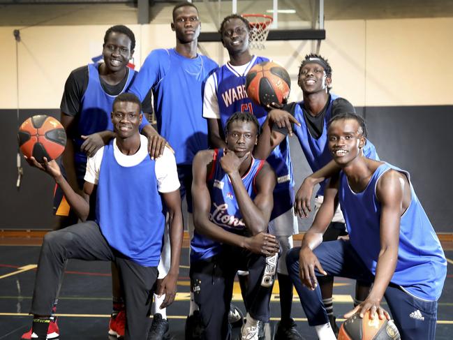 Central Districts' men's Premier League basketball team is the surprise packet of the competition this season and it has seven players of African descent - all under 21. (LtoR Front) Lwal Diing, Anyang Garang, and Dut Bol. (LtoR back) Angok Anyang, Magok Manning, Chol Luk, and Isaac Atuer. At Gawler, 30 May 2019. Picture Dean Martin