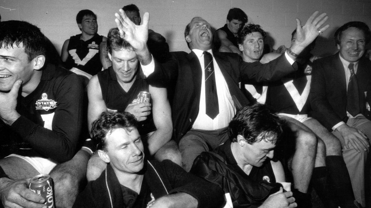 Ted Whitten, chairman of selectors, celebrates Victoria's win over Western Australia at the MCG in 1992.