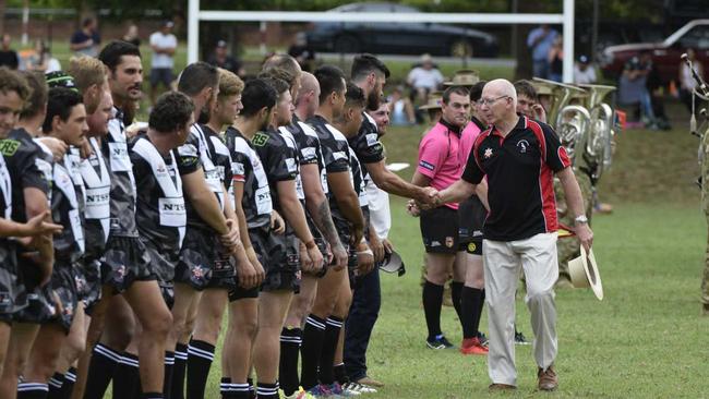 His Excellency General The Honourable David Hurley AC DSC (Ret'd) shakes hands with players from the Magpies Barbarians team prior to the match against the Australian Army Thunder played as part of the Sgt Matthew Locke MG charity event at Bellingen Park. rugby league 24 February 2018 Photo: Brad Greenshields/Coffs Coast Advocate. Picture: Brad Greenshields