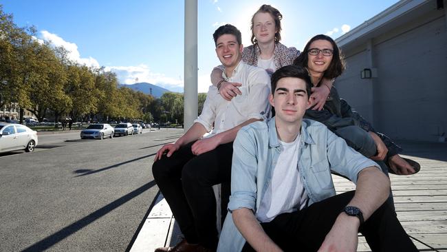 Mercury Falls Foster Band, Jensen, clockwise from bottom, Nathan Nyhuis, Harry Jensen, Andy Moore and Oscar Bosch, have won a spot to play the Falls Festival. Picture: LUKE BOWDEN