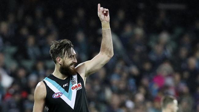 Charlie Dixon celebrates a goal in the final quarter against St Kilda in which he finished the game with 4.1. Picture: Sarah Reed.