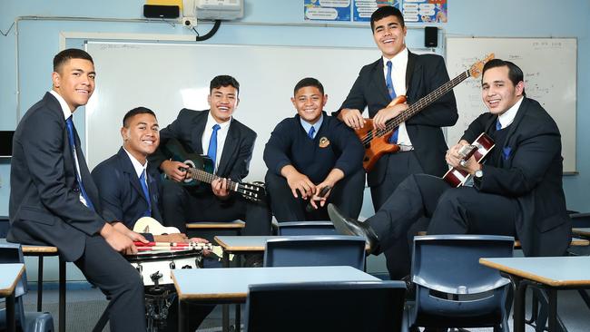 The award-winning Punchbowl Boys High School band 320: Lucas Tekii, Micah Papalii-Talanai, Eliiata Ulutui, Wilkinson Papalii-Afoa, Theodore Tavete-Crysma and Yoosuf Mohamed. Picture: Richard Dobson