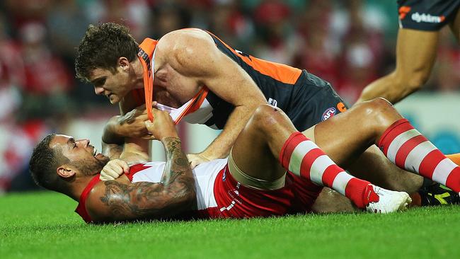 Heath Shaw and Lance Franklin face off during the Sydney derby. Picture: Phil Hillyard