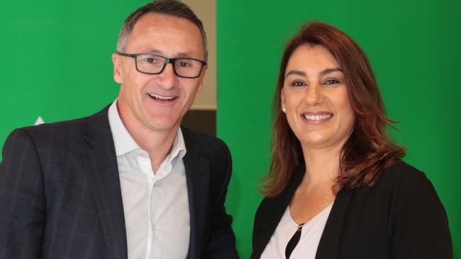 Australian Greens leader Dr Richard Di Natale and Greens candidate for Northcote Lidia Thorpe. The party has been accused of using misleading advertising material containing unsubstantiated claims. Picture: Stefan Postles