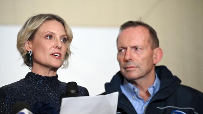 Katherine Deves pictured with former Prime Minister Tony Abbott during her concession speech on election day.