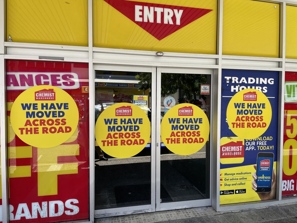 Signage on the former Chemist Warehouse location advises customers that it had relocated across Sturt St. Picture: Leighton Smith.