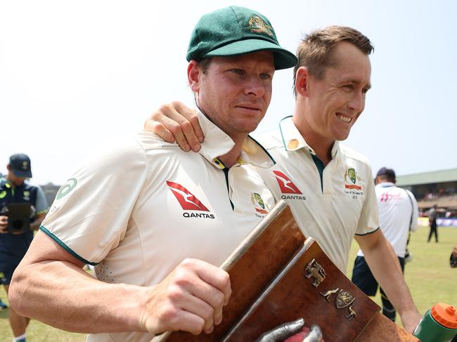 GALLE, SRI LANKA - FEBRUARY 09: Steve Smith and Marnus Labuschagne of Australia are seen with the WarneÃ¢â¬âMuralitharan Trophy after Australia defeated Sri Lanka to wi. the series during day four of the Second Test match in the series between Sri Lanka and Australia at Galle International Stadium on February 09, 2025 in Galle, Sri Lanka. (Photo by Robert Cianflone/Getty Images)