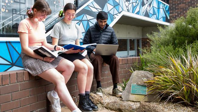 Year 12 students Darma Simpkins, Adelle Massom, and Nirmit Naik prepare for their exams. . Picture: Linda Higginson