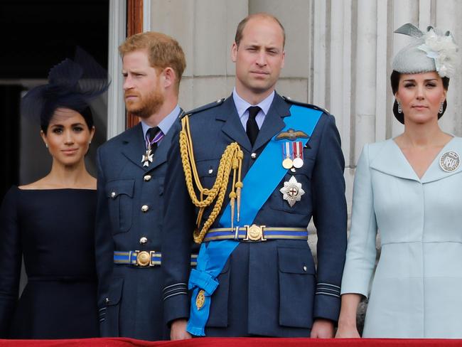 (L-R) Britain's Meghan, Duchess of Sussex, Britain's Prince Harry, Duke of Sussex, Britain's Prince William, Duke of Cambridge and Britain's Catherine, Duchess of Cambridge, stand on the balcony of Buckingham Palace. Picture: AFP