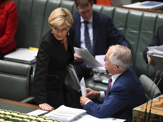 Foreign Affairs Minister Julie Bishop talks to Prime Minister Malcolm Turnbull Parliament this week. Picture: Lukas Coch