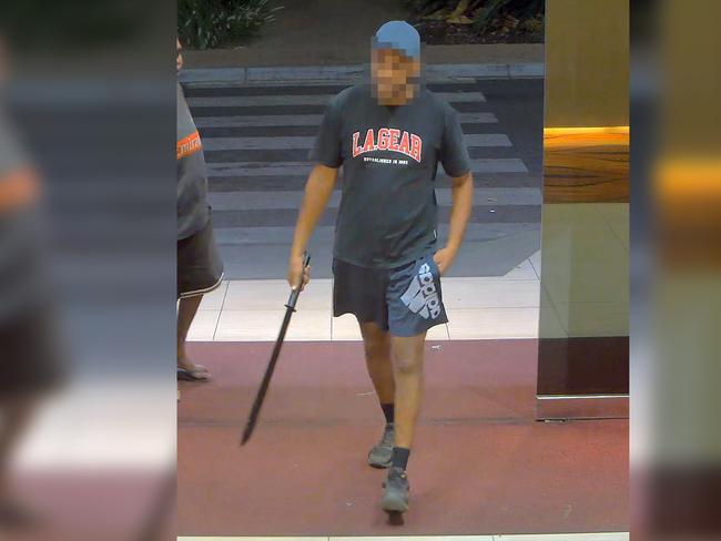 A photo circulated among publicans of a man walking into Alice Springs casino on November 21 carrying a sword after being evicted. Police say he pointed it at a security guard. Picture: Supplied