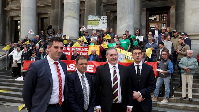 Liberal MPs Fraser Ellis, Nick McBride, Steve Murray and Dan Cregan at Wednesday’s farmers rally against the Mining Bill. Picture: Kelly Barnes/AAP