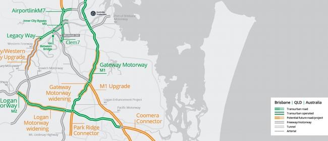 The Transurban map from February showing the Coomera Connector listed as a potential future road project despite the state and the road toll company saying a toll was off the agenda.