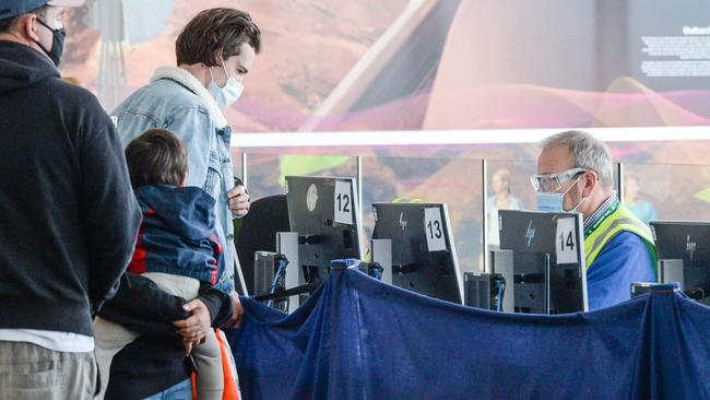 Passengers arriving at Adelaide Airport and going through the Covid test. Picture: NCA NewsWire /Brenton Edwards