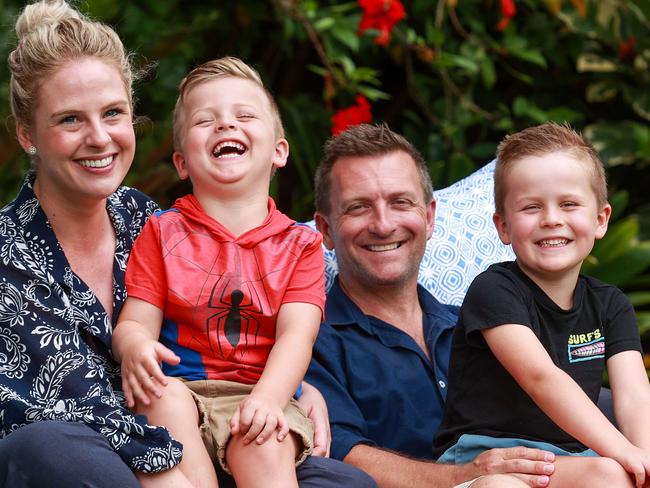 Daily Telegraph. 24, December, 2021.Diana and Josh Abeleven, with their sons, Lincoln, 4, and Koby, 5, at home, in Gymea, today. They have accounts for their children with Stockspot.  Picture: Justin Lloyd.