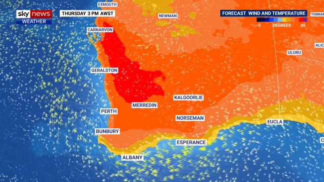 Forecast surface temperature and wind from the  Friday 3pm WST