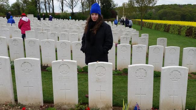 Alesha Capone in France for Anzac Day 2015 with graves at Adelaide Cemetery