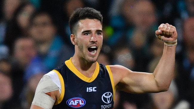 Young Crow Lachlan Murphy celebrates his goal in Showdown 46. Picture: AAP Image/David Mariuz