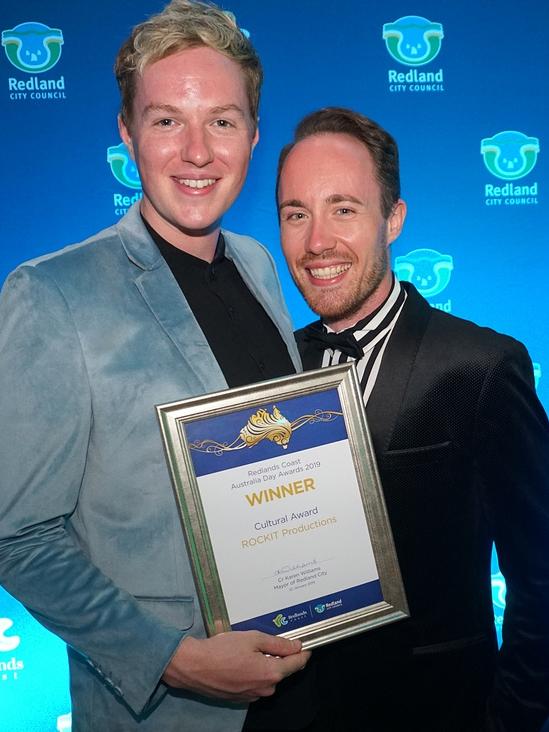 ROCKIT Productions artistic director Shaun Kohlman and company manager George Canham accept the Cultural Award for 2019. Picture: Redland City Council.