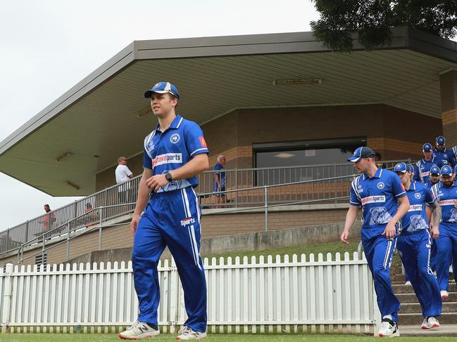 Captain of Bankstown Daniel Solway walks his team out during a NSW Premier Cricket match at Raby Oval 1, November 20, 2021. (Photo by Jeremy Ng/News Corp Australia)