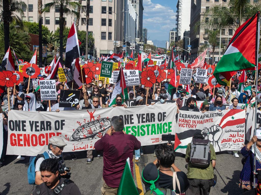 People demonstrate to mark one year of the war between Hamas and Israel in Los Angeles, on October 5. Picture: Ringo Chiu/AFP