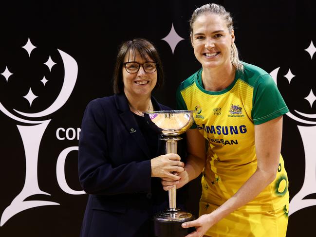 WELLINGTON, NEW ZEALAND - OCTOBER 18:  Caitlin Bassett and coach Lisa Alexander of Australia pose with the Constellation Cup after winning during the International Test and Constellation Cup match between the Australia Diamonds and the New Zealand Silver Ferns at TSB Arena on October 18, 2018 in Wellington, New Zealand.  (Photo by Hagen Hopkins/Getty Images)