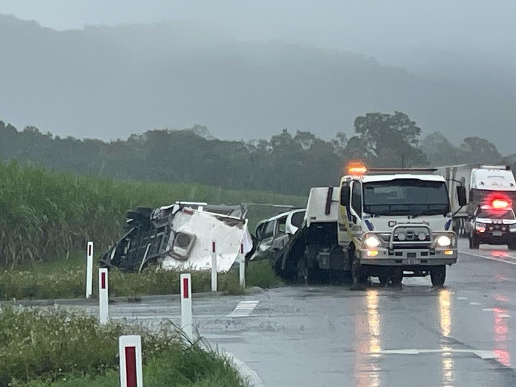 A silver Toyota Ute towing a caravan was hit by a silver station wagon which came out of Narpi Rd on the Bruce Highway, April 2, 2025, ultimately claiming the life of Beren Mason.