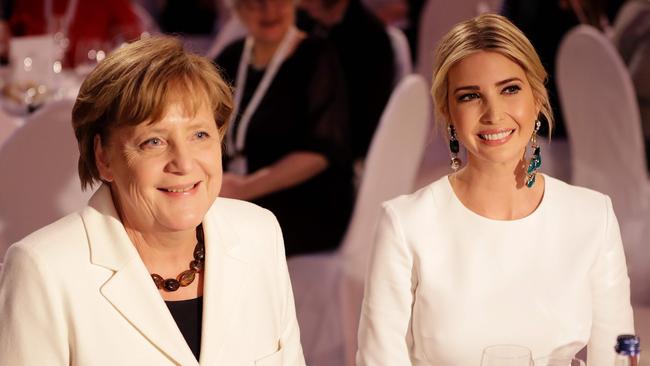 Here she is next to former German Chancellor Angela Merkel during a gala dinner on the sidelines of the W20 summit on April 25, 2017 in Berlin. Picture: Michael Sogn/AFP