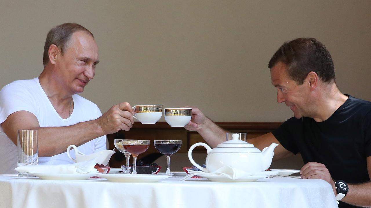 Vladimir Putin and Dmitry Medvedev during a breakfast at the state residence in Sochi. Picture: Yekaterina Shtukina/Sputnik/AFP