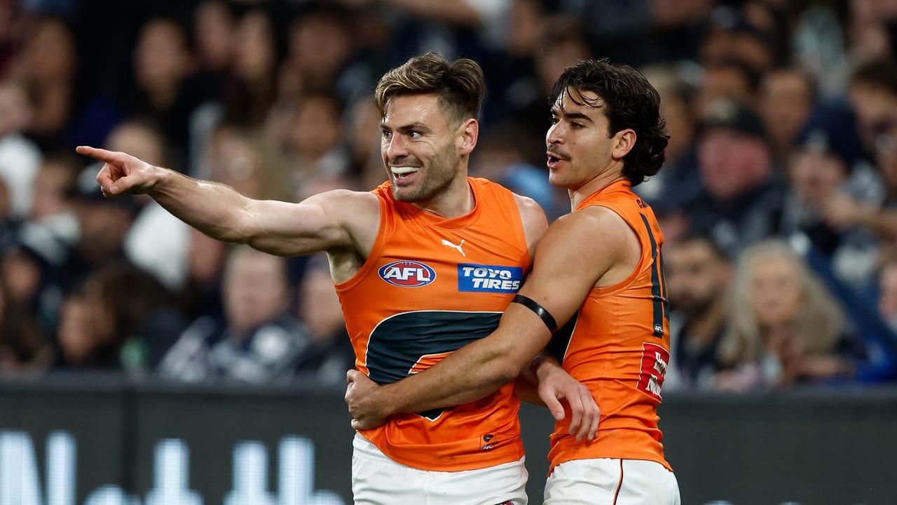 Stephen Coniglio (left) and Toby Bedford were huge for the Giants. Picture: Michael Willson/AFL Photos via Getty Images