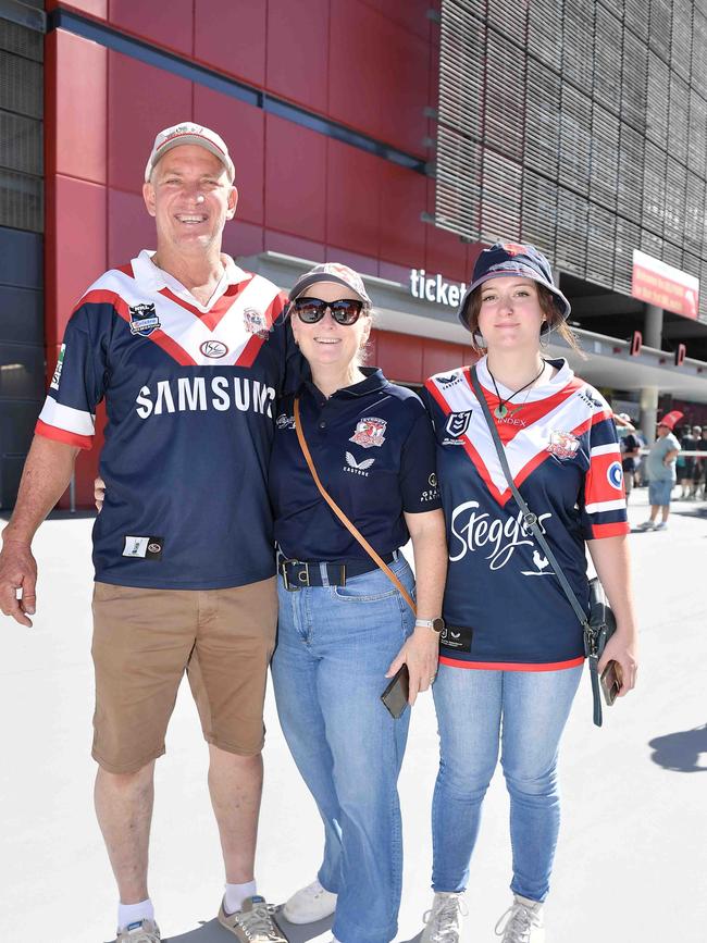 Anthony, Karen and Case Vohland at Roosters V Dolphins, Suncorp Stadium. Picture: Patrick Woods.