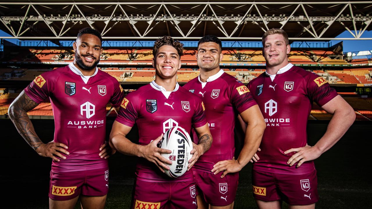 Maroons Hamiso Tabuai-Fidow, Reece Walsh, David Fifita and Tom Flegler at Suncorp Stadium. Picture: Nigel Hallett