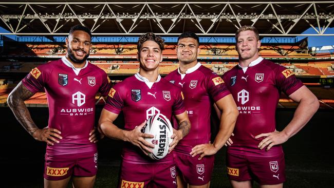 Maroons Hamiso Tabuai-Fidow, Reece Walsh, David Fifita and Tom Flegler at Suncorp Stadium. Picture: Nigel Hallett