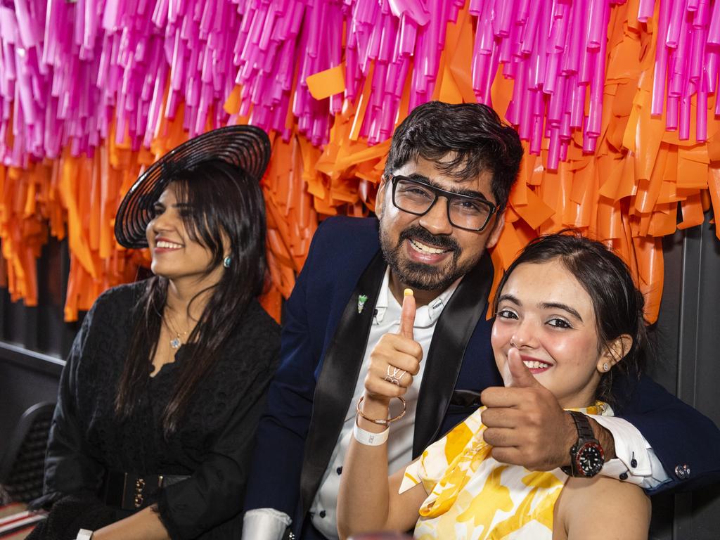 Reacting during the Melbourne Cup race are (from left) Brinda Desai, Nishant Kishnani and Dea Kishnani at The Rock Melbourne Cup party, Tuesday, November 1, 2022. Picture: Kevin Farmer