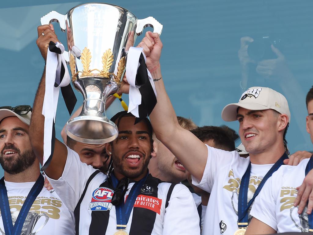 saac Quaynor and Brayden Maynard celebrate the 2023 flag. Picture: NCA NewsWire / Josie Hayden