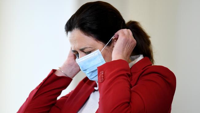 Queensland Premier Annastacia Palaszczuk wears a face mask during a press conference to provide a COVID-19 update. Picture: NCA NewsWire / Dan Peled