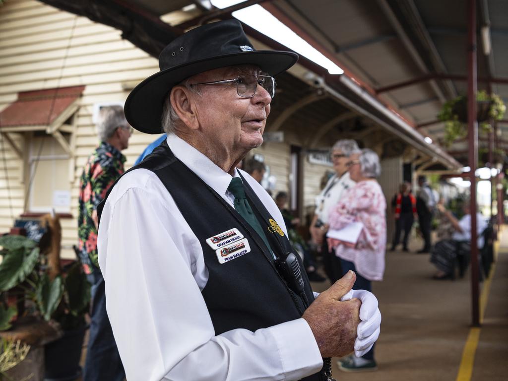 DownsSteam train manager Graham Biggs as DownsSteam host an Elvis show and railmotor trip to Pittsworth, Saturday, January 11, 2025. Picture: Kevin Farmer