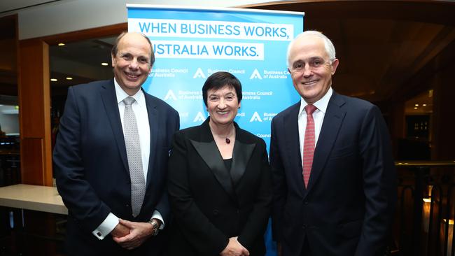 BCA President Grant King, left, CEO Jennifer Westacott and Prime Minister Malcolm Turnbull. Picture: Hollie Adams