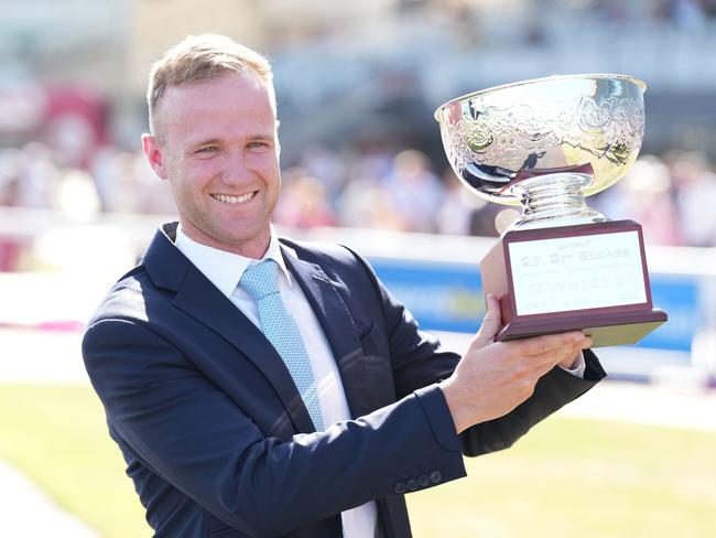 JD Hayes after Mr Brightside (NZ) won the Sportsbet C.F. Orr Stakes at Caulfield Racecourse on February 10, 2024 in Caulfield, Australia. (Photo by Scott Barbour/Racing Photos via Getty Images)