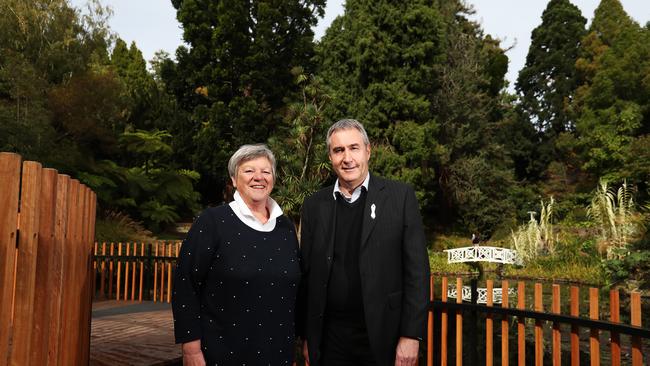 President of the Friends of the Gardens Joan Booth with Director of the Royal Tasmanian Botanical Gardens Gary Davies at the new Lily Pad Deck. Picture: NIKKI DAVIS-JONES