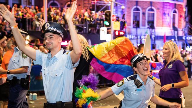 Constable Beau Lamarre-Condon, left, marched in the 42nd annual Gay and Lesbian Mardi Gras parade in Sydney in 2020.