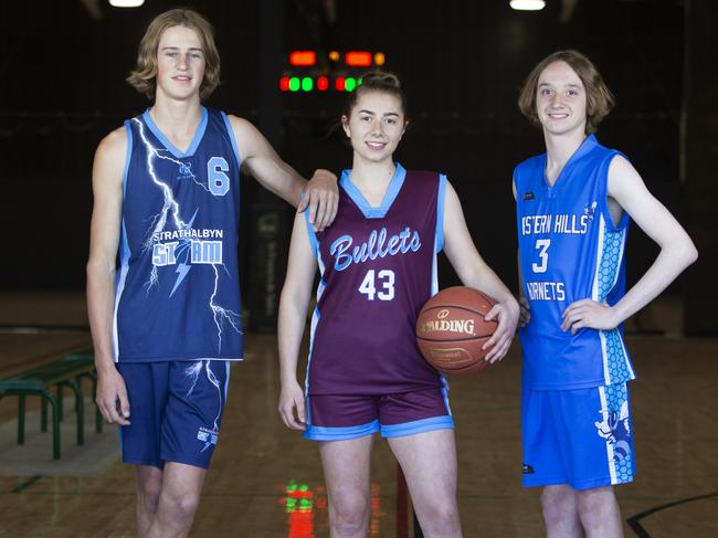 ADELAIDE, AUSTRALIA - Advertiser Photos MARCH 4, 2021: Under-18 South Australian Country basketball championship players U18 players: L to R Jack Gilbert, Rebecca Wagenknecht and Luke Villano at the St Francis de Sales College Community Sports Centre, Mount Barker, SA. Picture: Emma Brasier