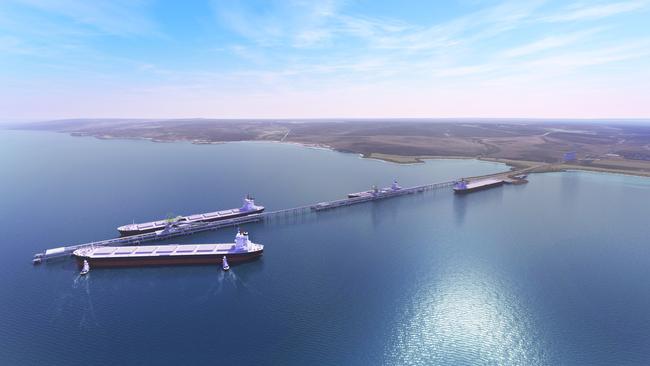 An artist's impression of Iron Road’s Cape Hardy port, a multi-user, multi-commodity deepwater facility on the Eyre Peninsula that will be accessible to the H2U project. Picture: Iron Road.