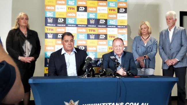 Rugby league legend Mal Meninga fronts the media with Dennis Watt, flanked by Rebecca Frizelle and Joanne and Darryl Kelly. Picture: Supplied