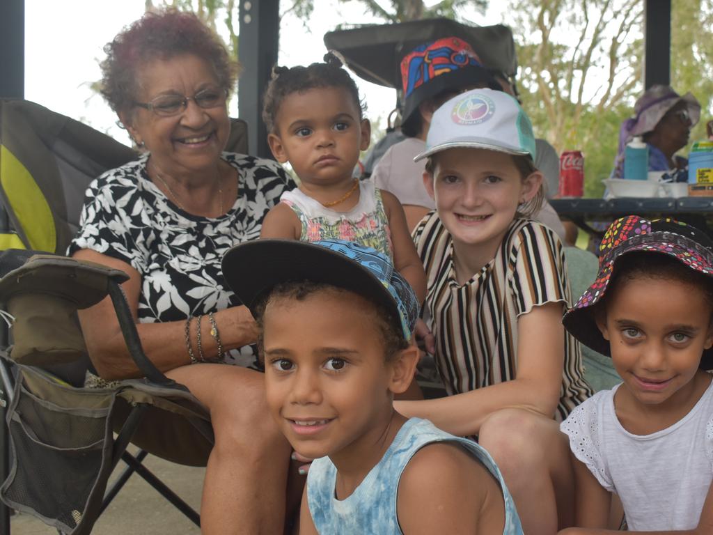Lesley Sabbo, Mahliah Kissier and Brianna Tetley (back).Jerome Kissier and Lahqwantaye Kissier (front) having fun at the Mackay & District South Sea islander Association's Australia Day Celebrations in Quota Park on January 26, 2022. Picture: Lillian Watkins
