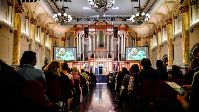 The lower floor in Town Hall was full for the memorial service for Quentin Kenihan. Picture: AAP / Morgan Sette