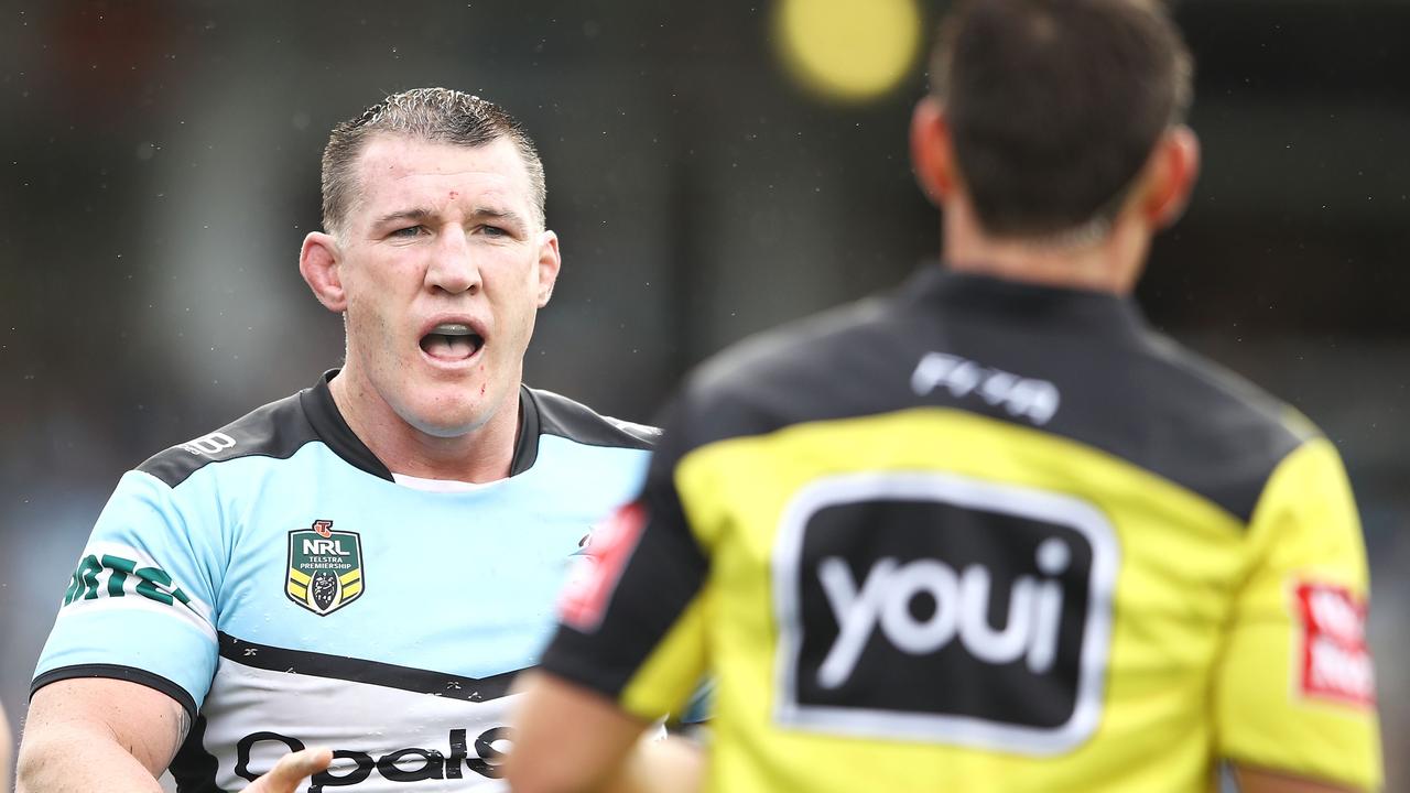 Paul Gallen of the Sharks makes his point to referee Adam Gee.