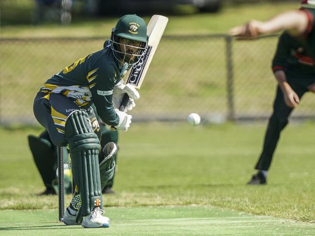 West Gippsland Cricket: Tooradin v Clyde. Keifer Peries batting for Clyde. Picture: Valeriu Campan