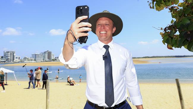 Premier Steven Miles visits the Cotton Tree Caravan Park on the Sunshine Coast during his pre-election blitz of seats. Picture: Adam Head